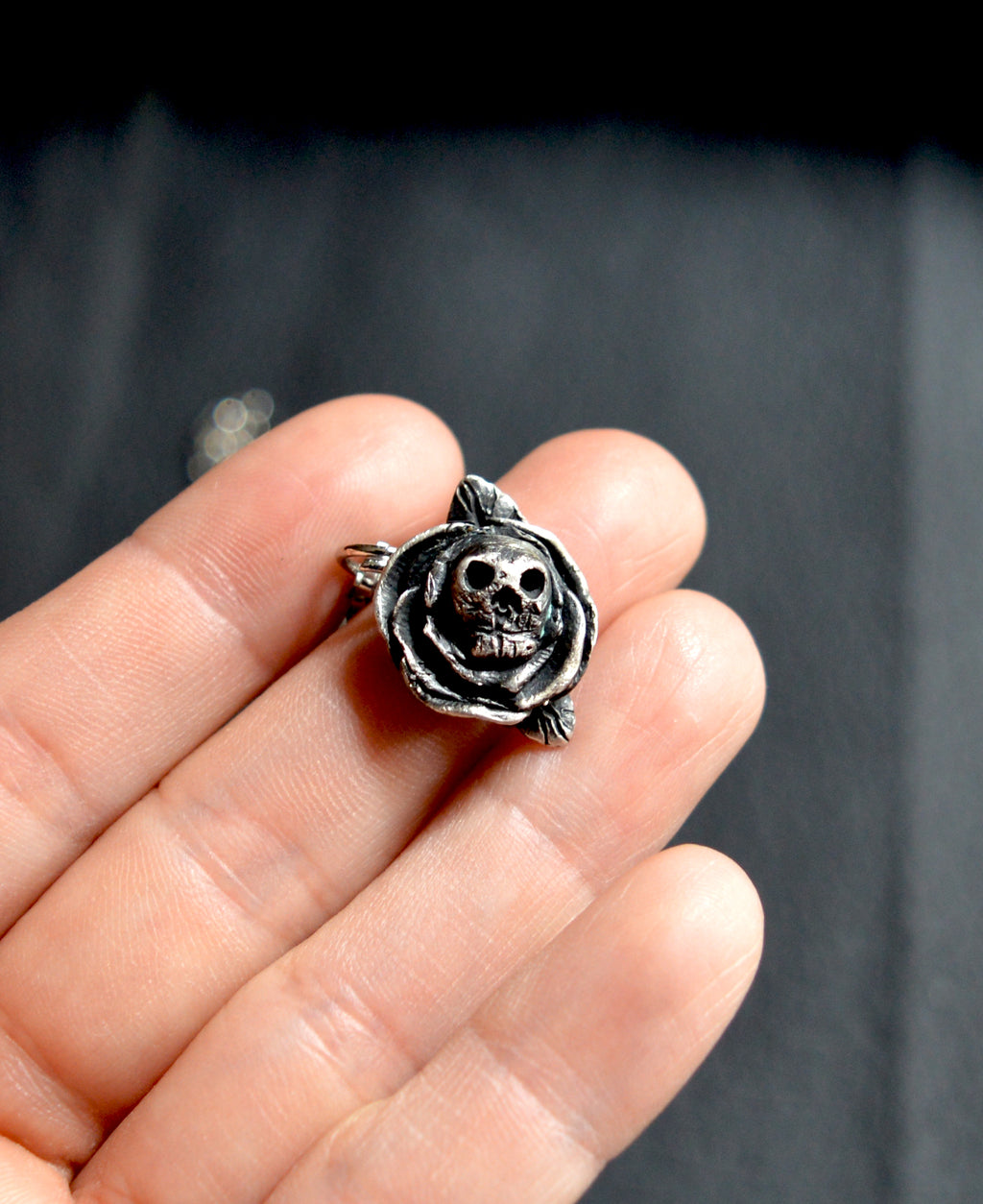 Handmade Silver Skull Rose Necklace